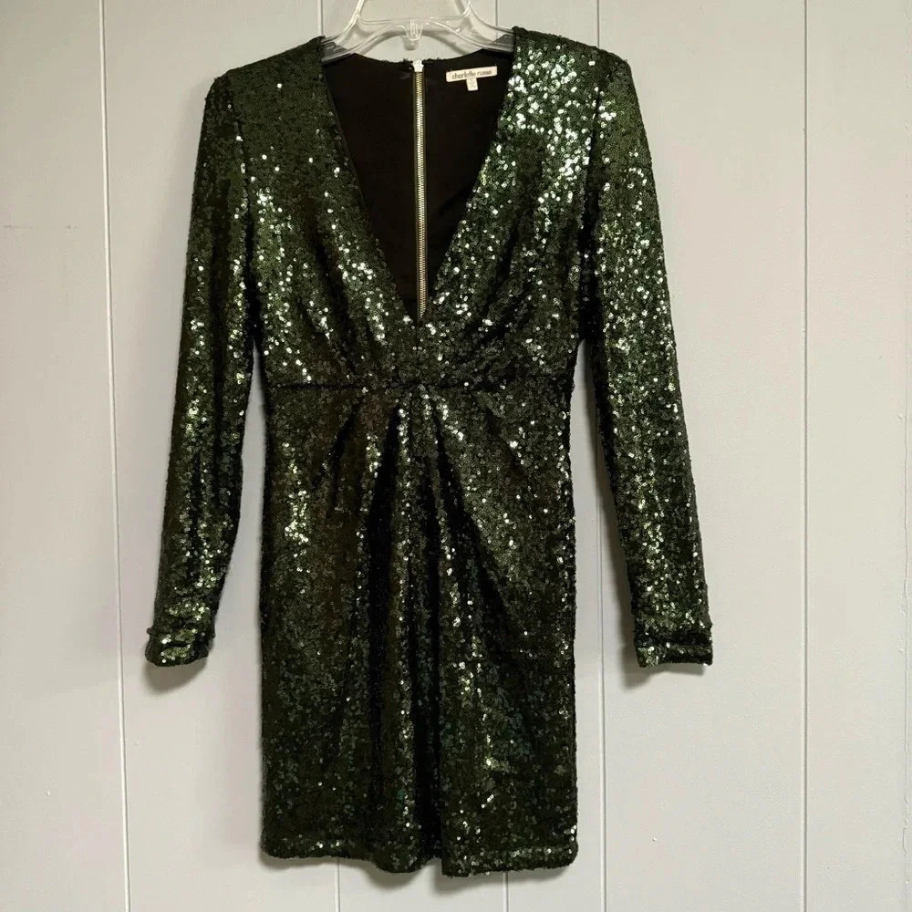 CHARLOTTE RUSSE Dark Green Sequin Long Sleeve Deep V Dress Ruching Size Small